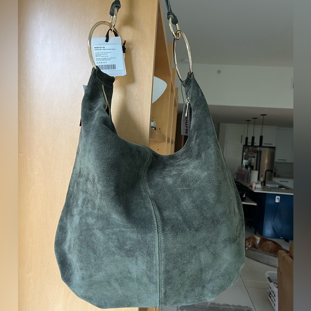Olive green Suede Hobo Bag, made in Italy